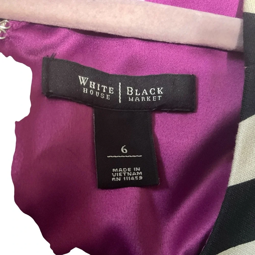White House Black Market Black White Striped Fit & Flare Dress Purple Belt - Picture 6 of 9